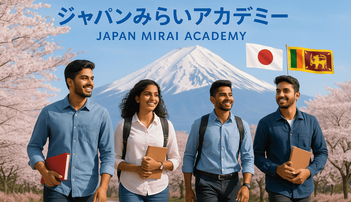 四人のスリランカ人で背景には富士山と桜の写真。ジャパンみらいアカデミーWebサイトへのバナー